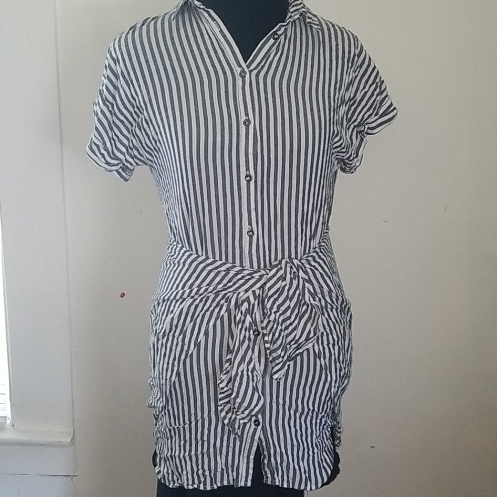 Button up grey striped wrap around knot dress